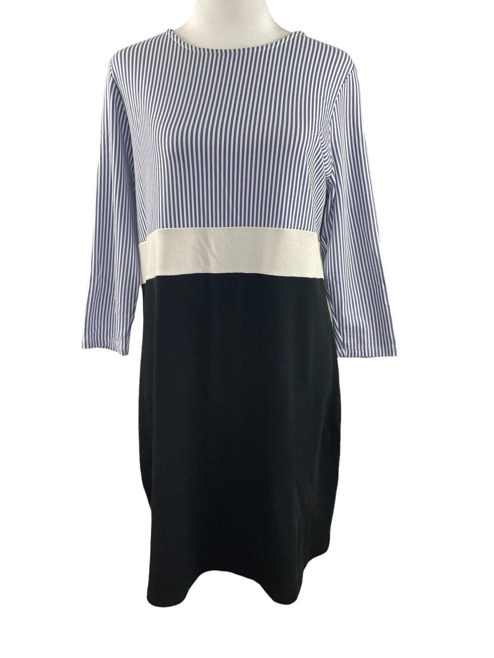 J JILL M Striped Color Block Shift Dress Blue White 3/4 Sleeve Knee Length
